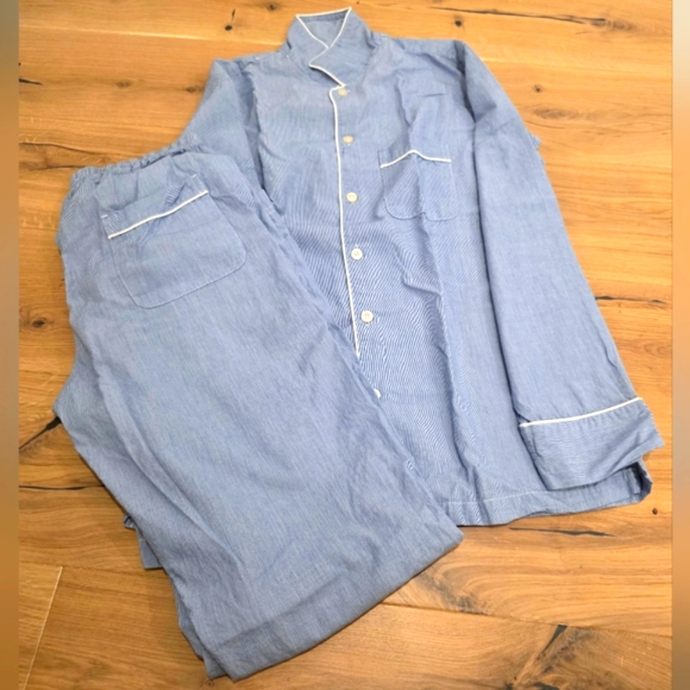 Gap Mens Light Blue Stripes Button-Up Pajama Shirt and Pants with White Trim